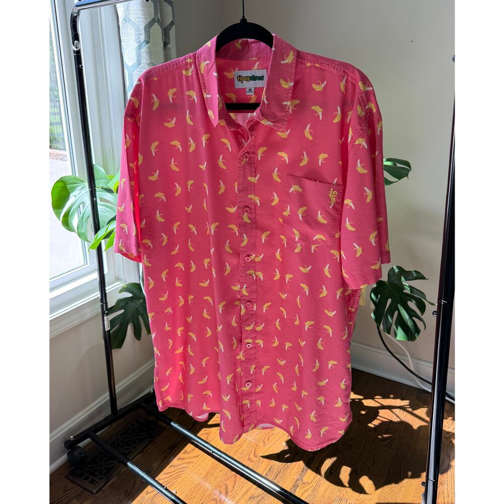 Tipsy Elves Banana Print Button Down Shirt Mens XXL Pink Hawaiian Party Top